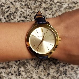 Michael Kors Gold Face Watch with thin Navy Band